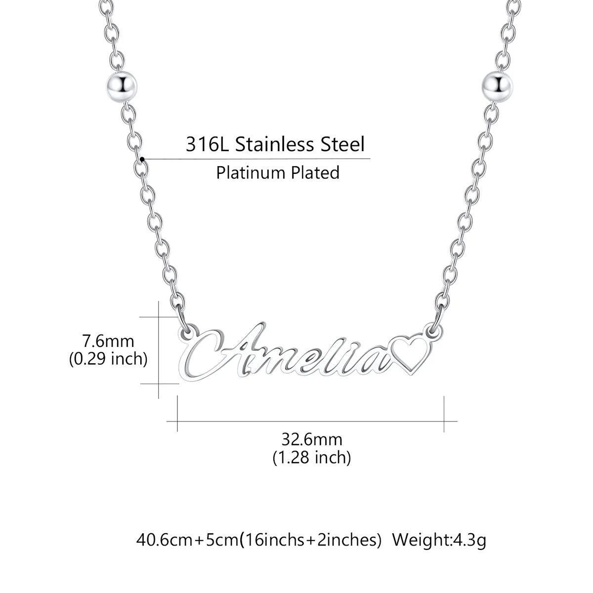 Custom Script Name Necklace with Heart size
