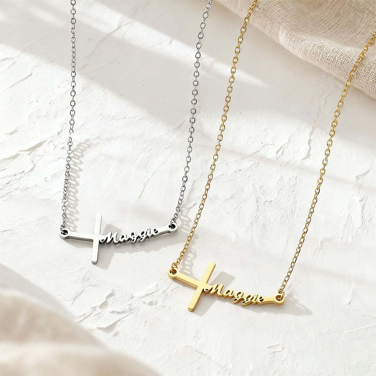 Custom Sideways Cross Name Necklace