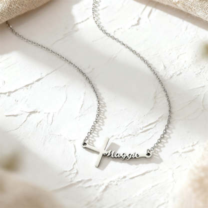 Custom Sideways Cross Name Necklace