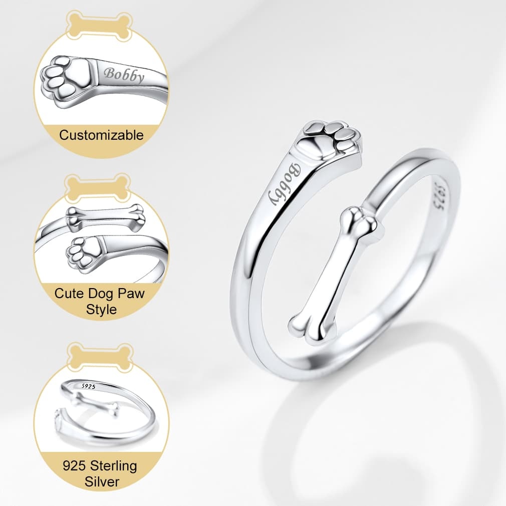 Sterling Silver Dog Bone Paw Print Adjustable Ring detail