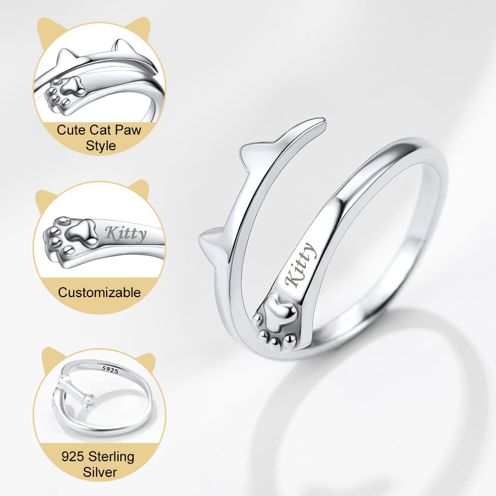 Custom4U Cat Paw Adjustable Ring with Name Engraved