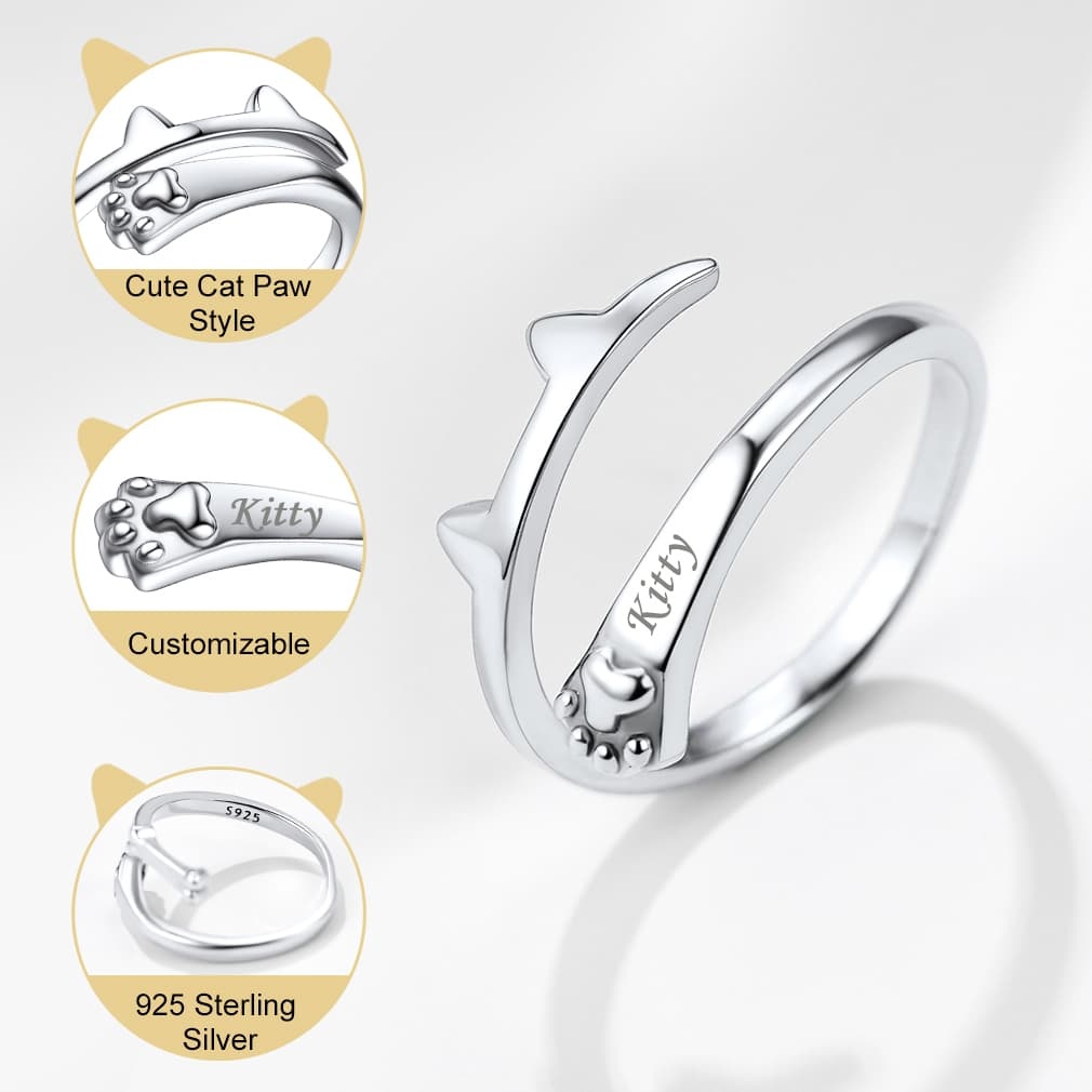 Custom4U Cat Paw Adjustable Ring with Name Engraved