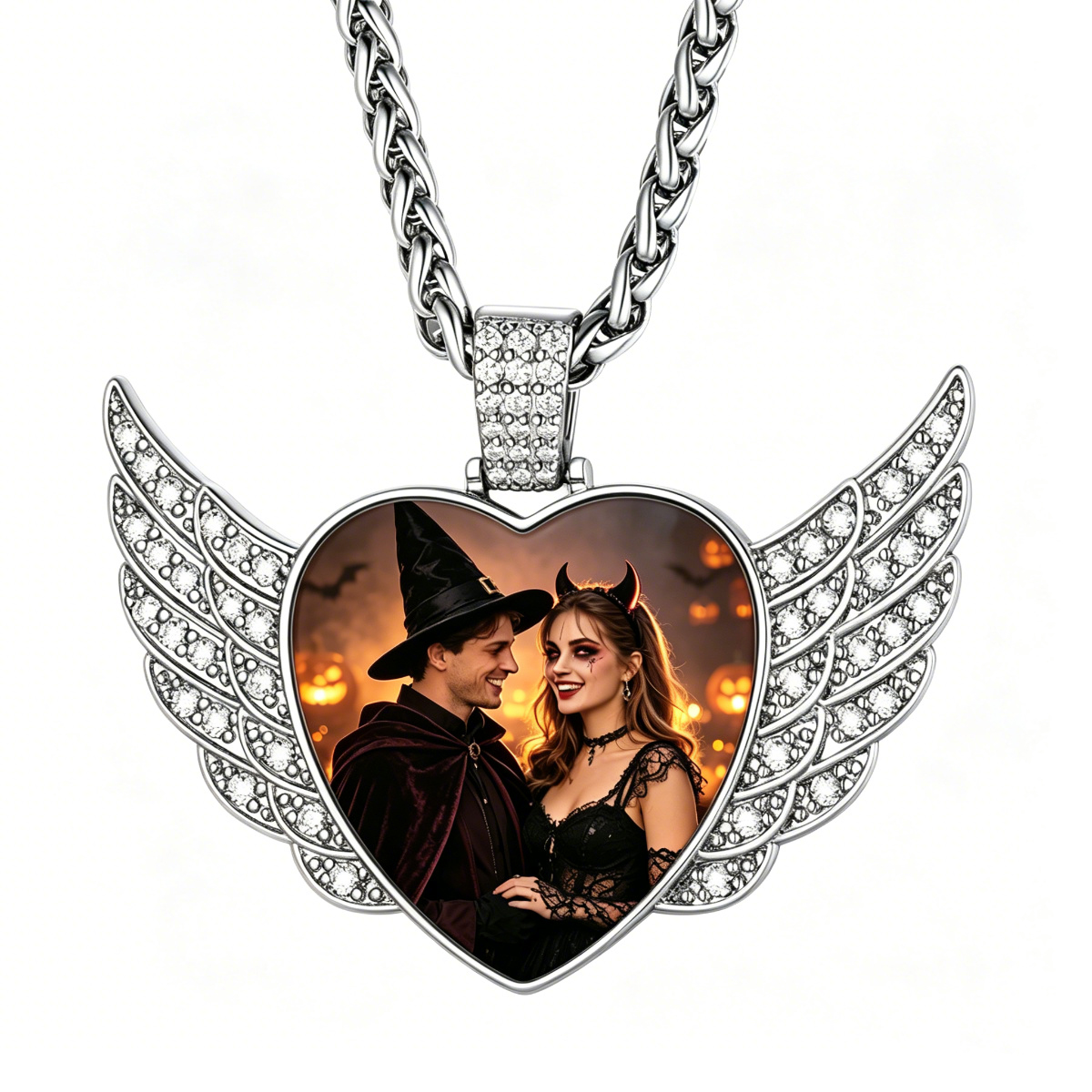 Personalized Cubic Zirconia Heart Angel Wings Picture Necklace