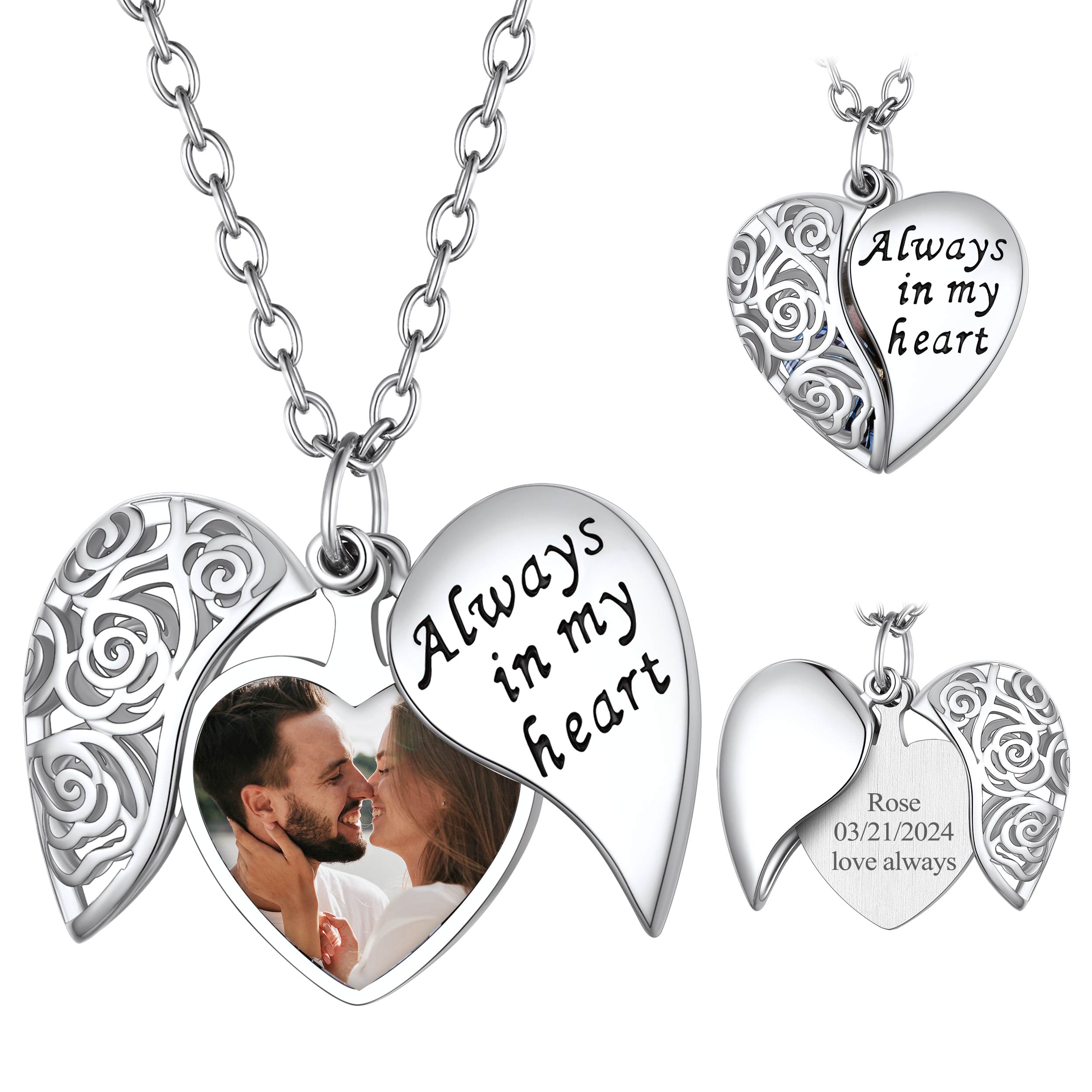 Custom4U Customized Engraved Rose Heart Photo Locket Necklace For Women