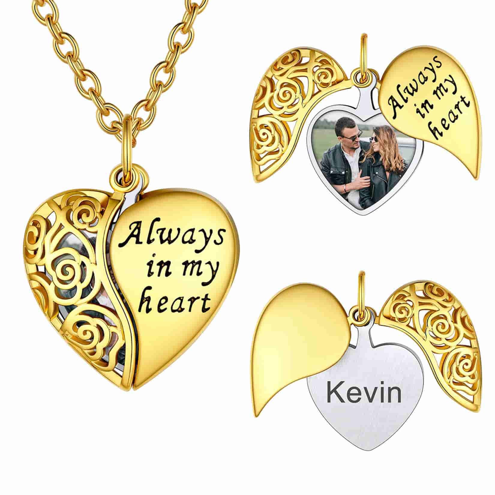 Custom4U Customized Engraved Rose Heart Photo Locket Necklace