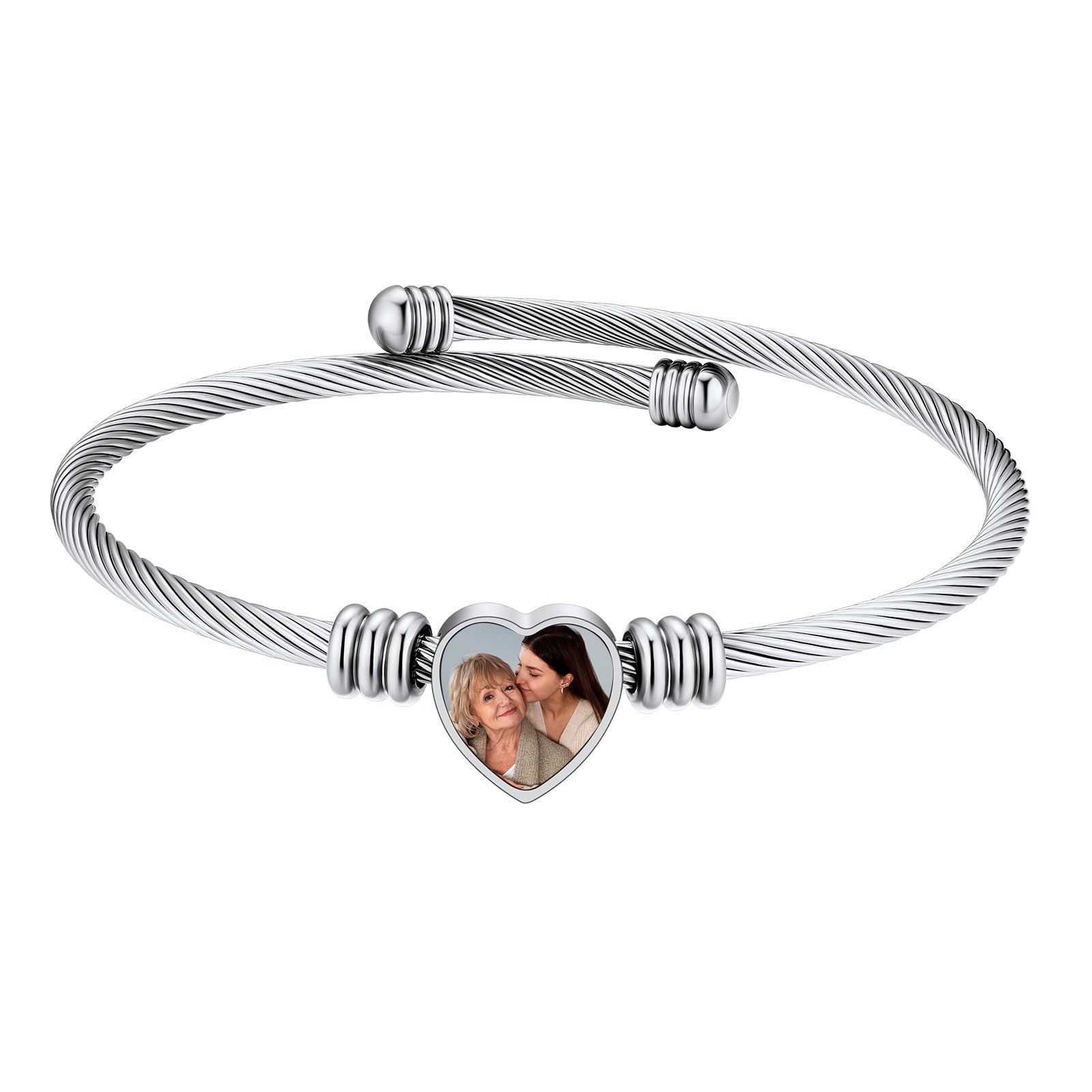 Custom Picture Heart Cuff Bracelet with Picture for Women silver