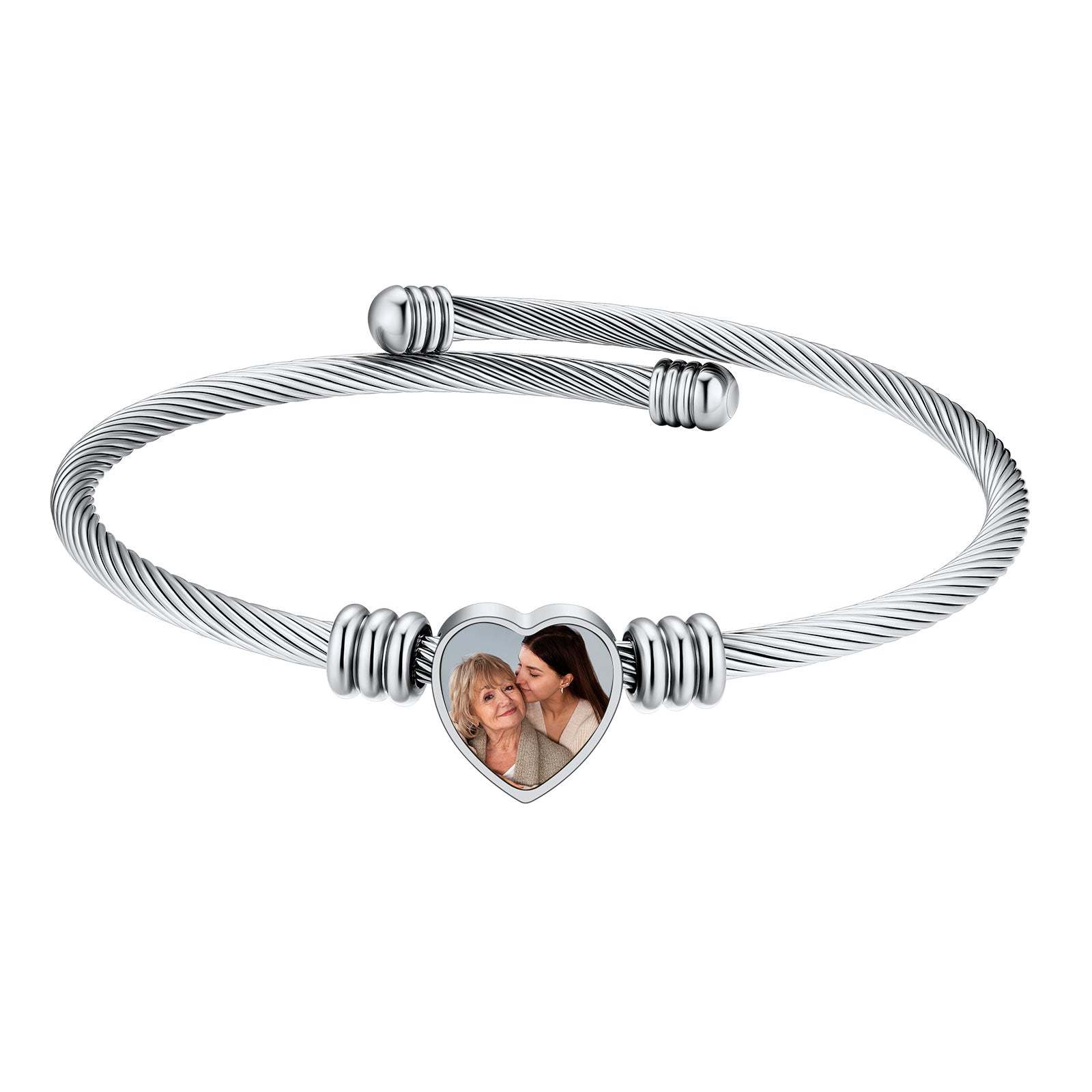 Custom Picture Heart Cuff Bracelet with Picture for Women silver