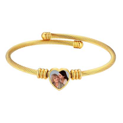 Custom Picture Heart Cuff Bracelet with Picture for Women gold