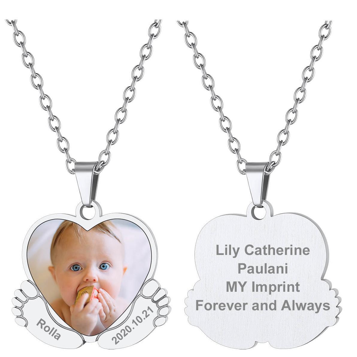 Custom4U Personalized Baby Feet Photo Necklace Steel