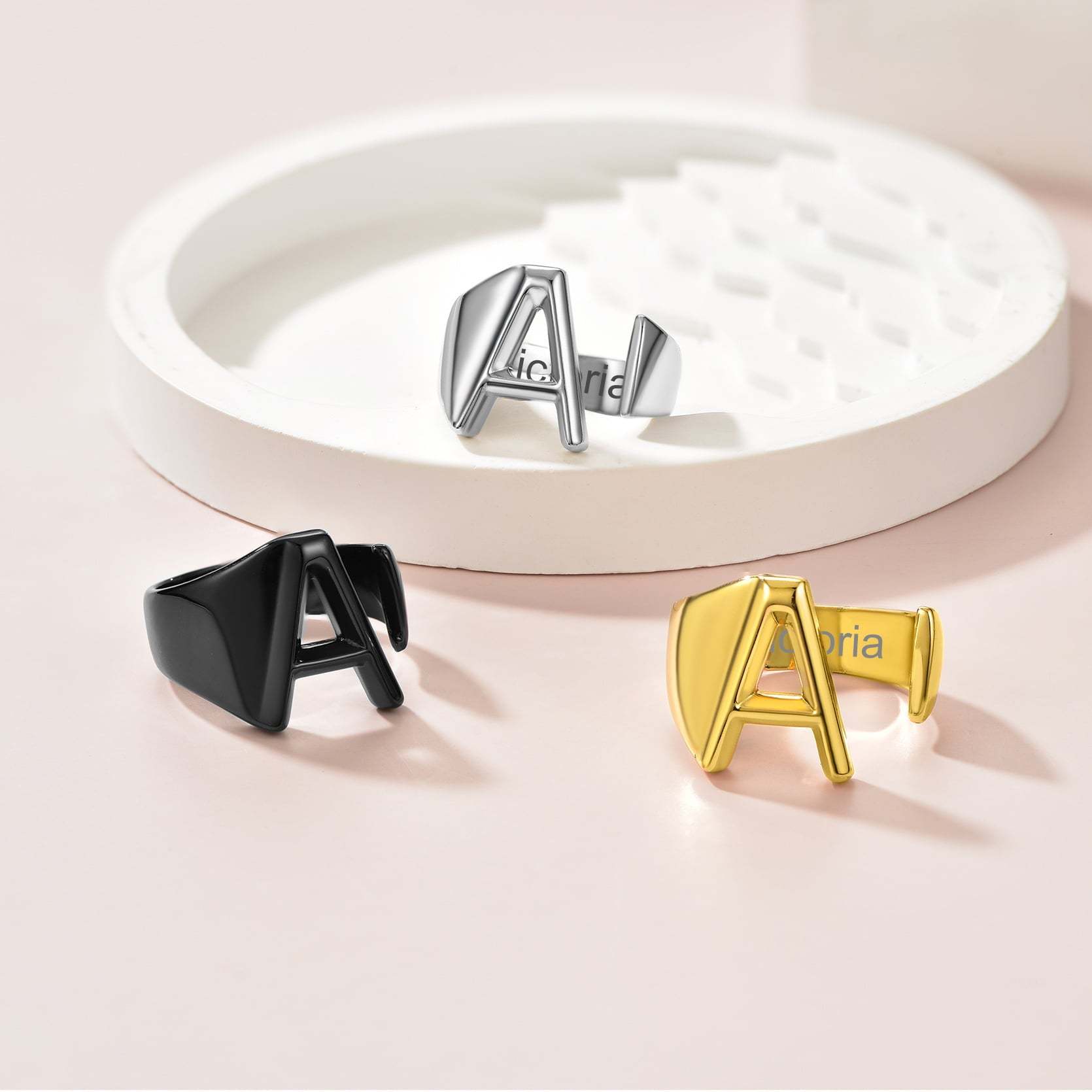 Custom4U Personalized Initial Adjustable Ring 3 Colors