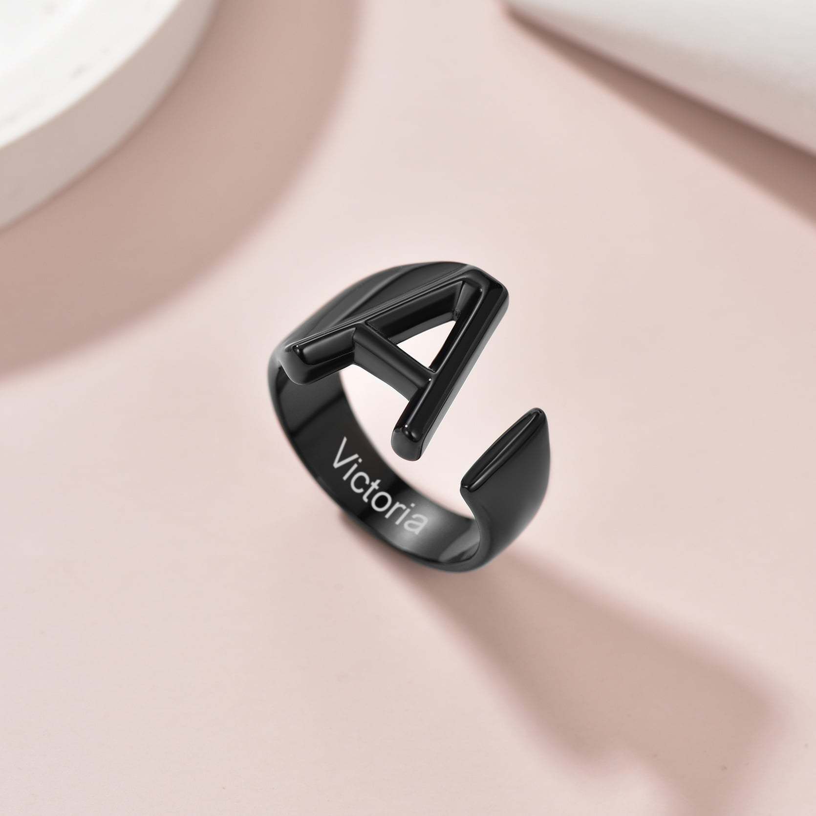 Custom4U Personalized Initial Adjustable Ring with Name Engraved Black