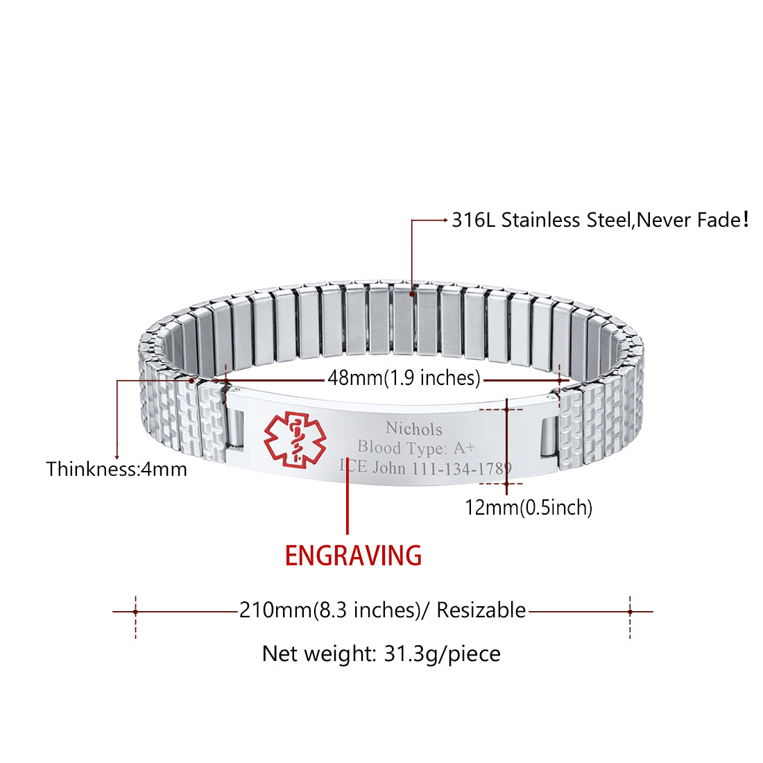 Custom4U Personalized Medical Alert Bracelets Size