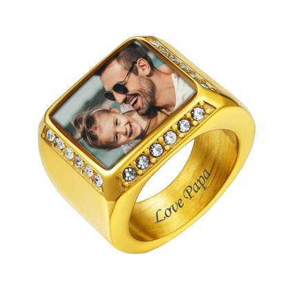 Custom4U Personalized Rectangle Photo Signet Ring With Picture Gold