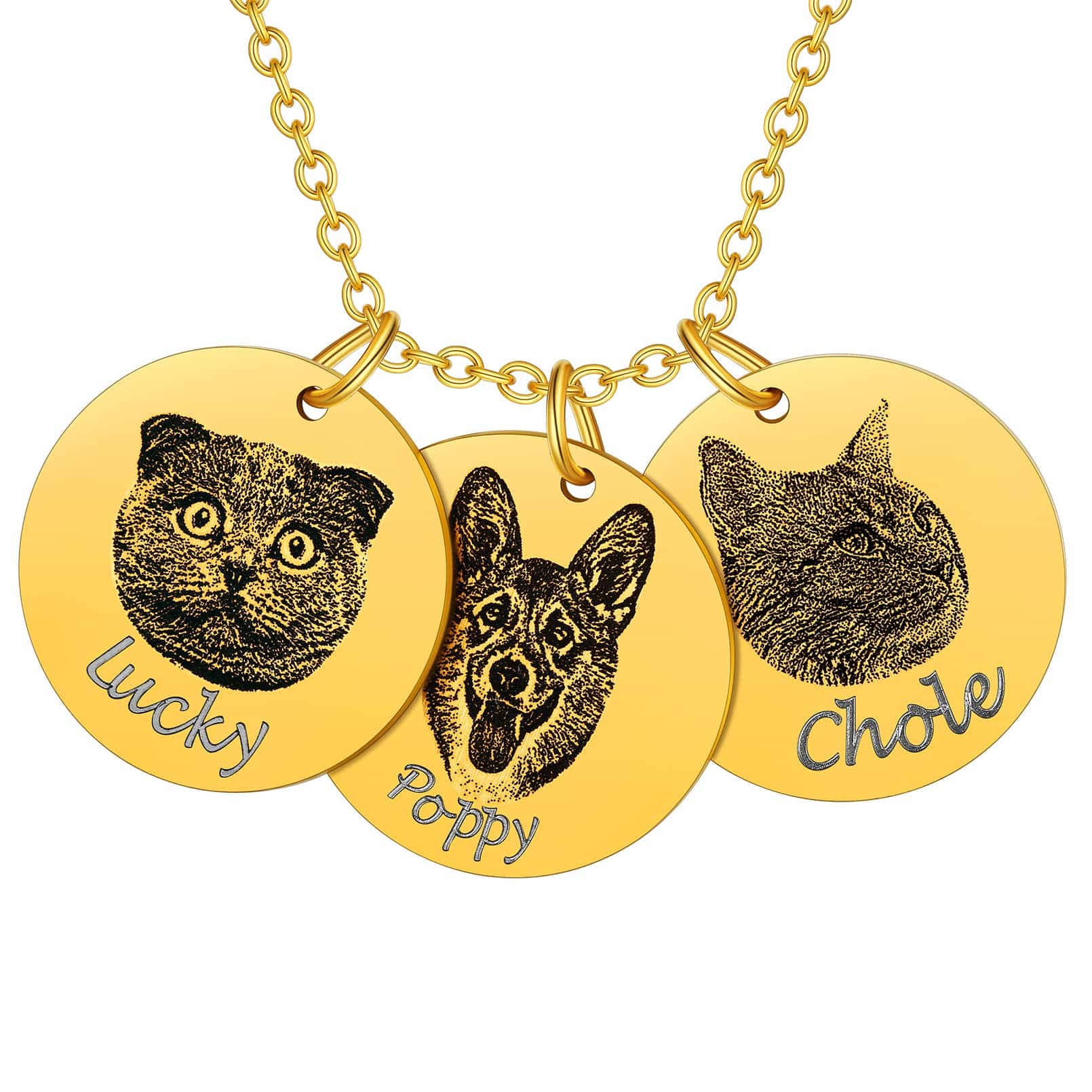  Custom4U Portrait Name Necklace 3 Round Shape Gold Plated