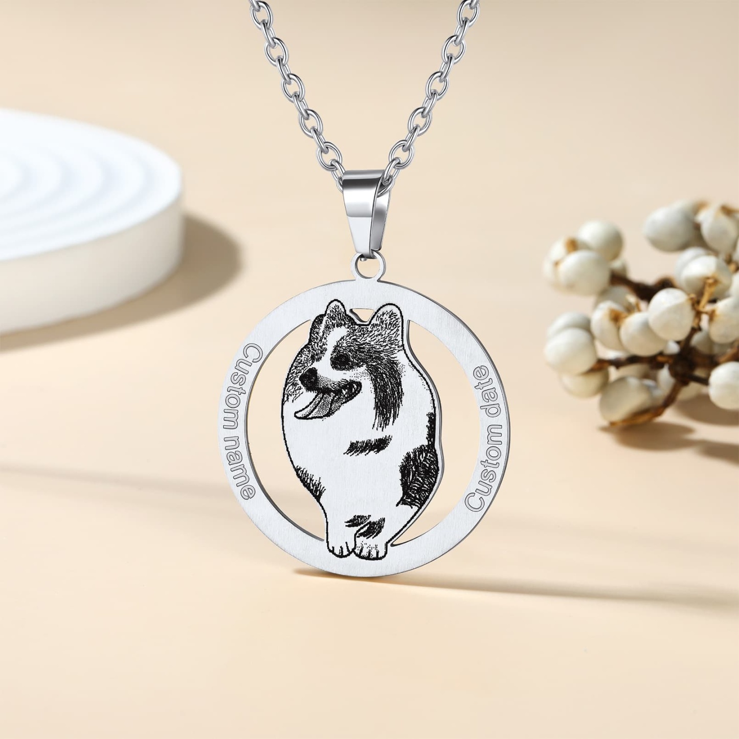 Round Pet Portrait Necklace Steel