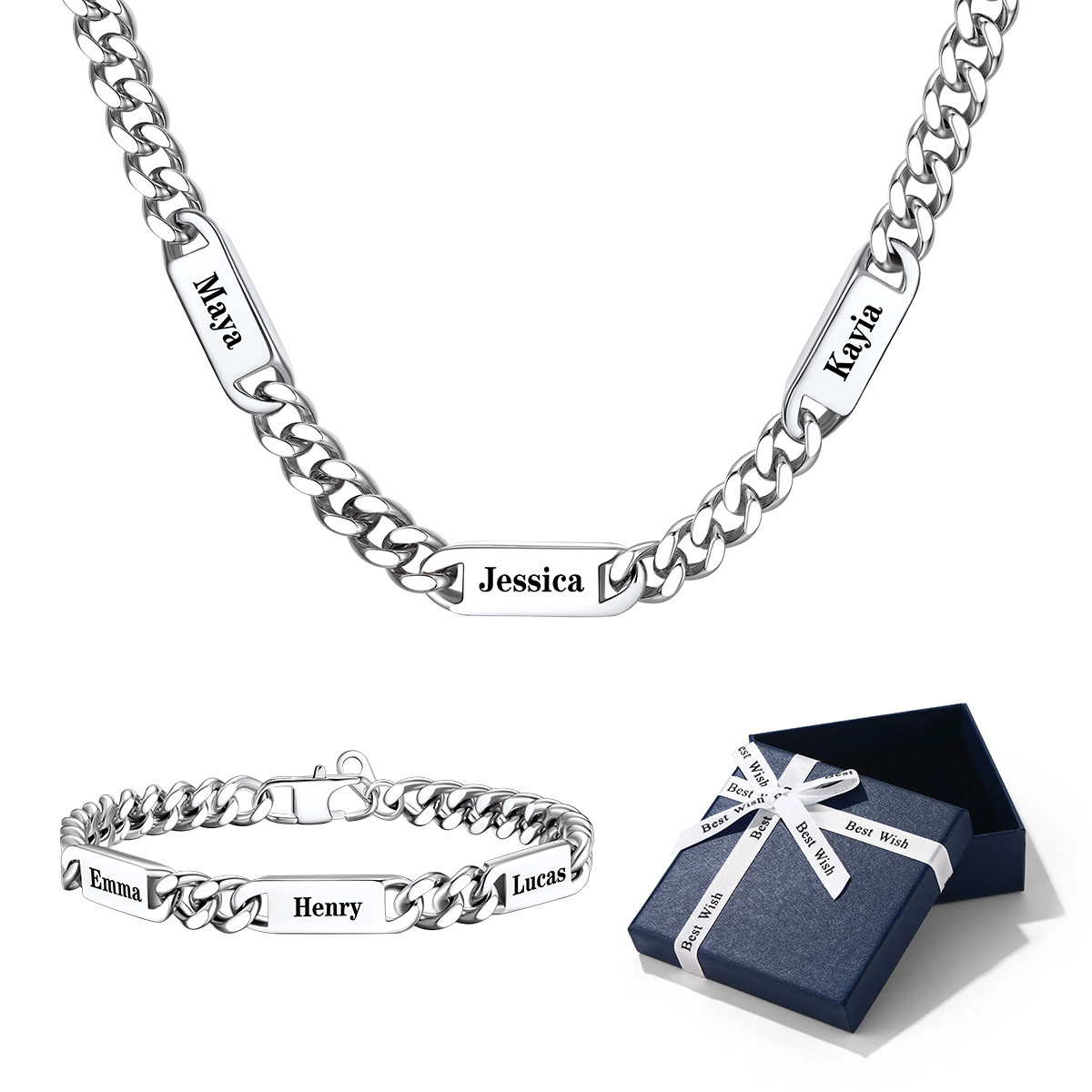 Customize Name Cuban Link Chain Necklace&Bracelet Gift Box Set