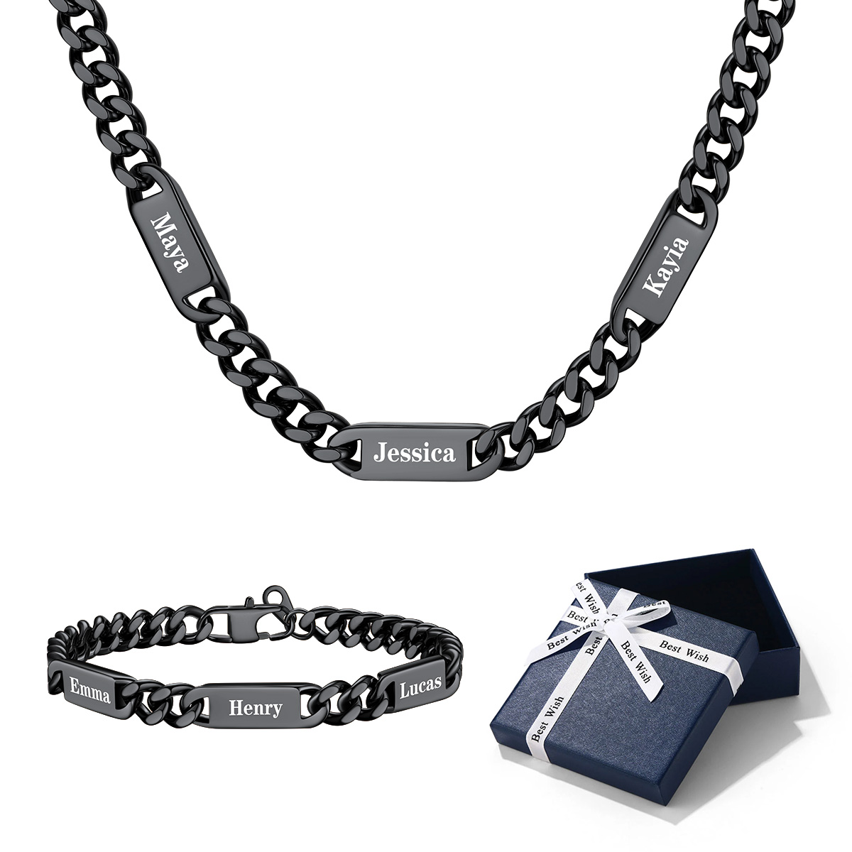 Customize Name Cuban Link Chain Necklace&Bracelet Gift Box Set