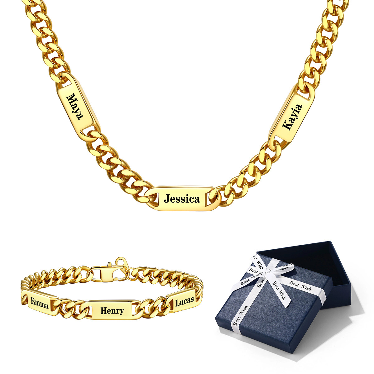 Customize Name Cuban Link Chain Necklace&Bracelet Gift Box Set