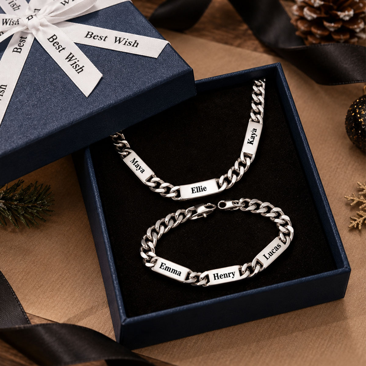 Customize Name Cuban Link Chain Necklace&Bracelet Gift Box Set