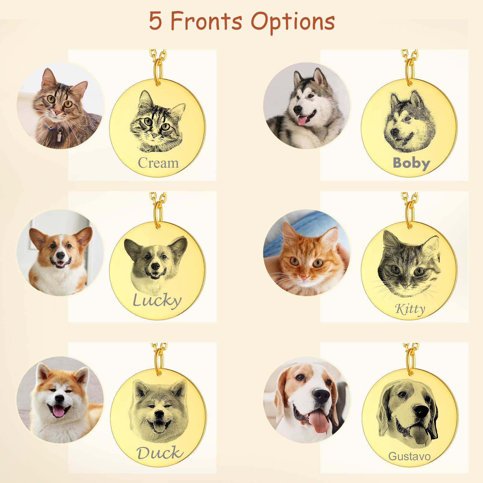 Customized 1-3 Round Pet Portrait Necklace with Name 5 fronts options