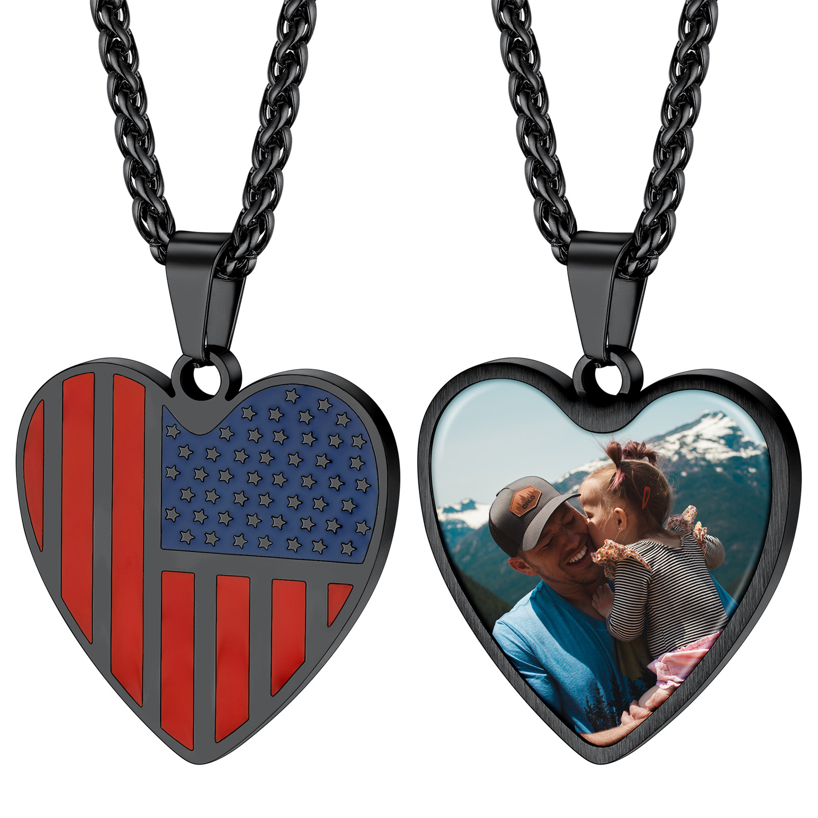 Customized Heart American Flag Necklace with Picture for Men Women black
