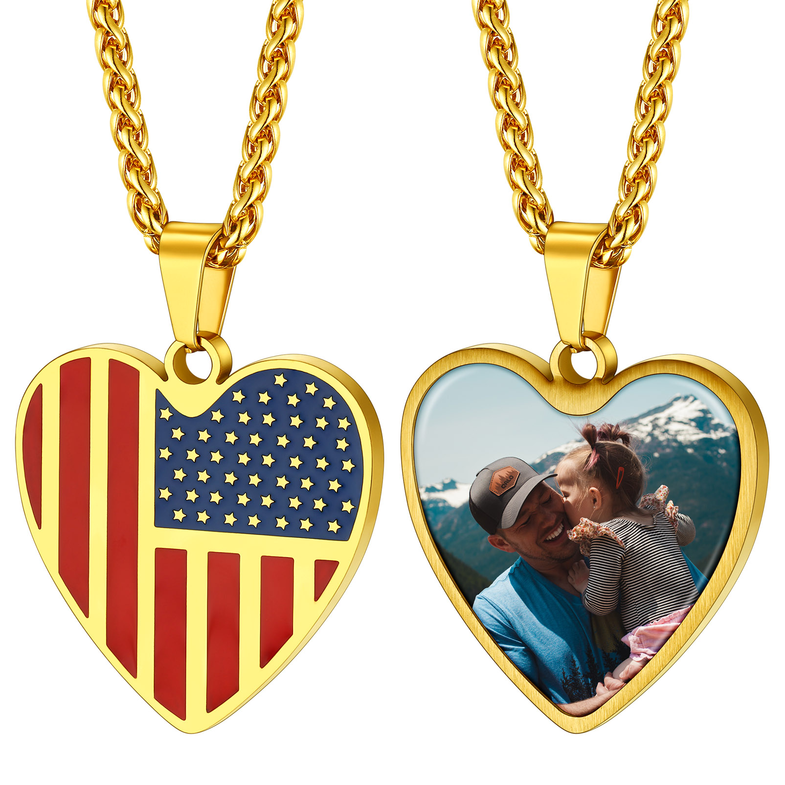 Customized Heart American Flag Necklace with Picture for Men Women gold