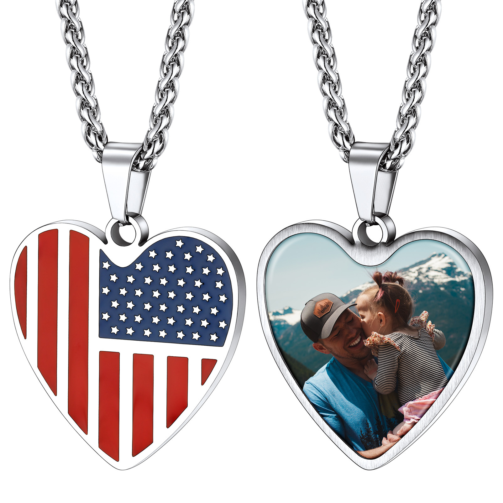Customized Heart American Flag Necklace with Picture for Men Women
