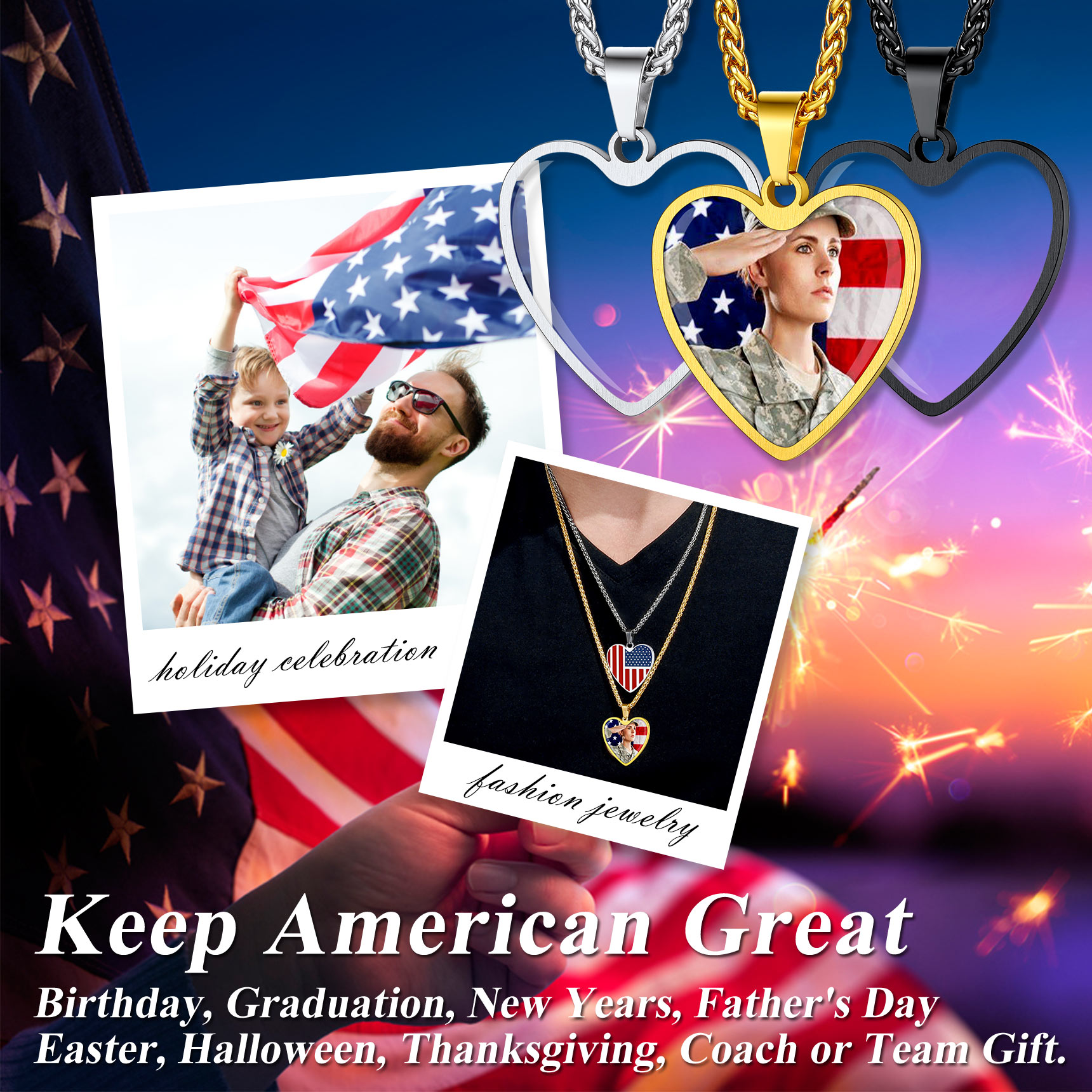 Customized Heart American Flag Necklace with Picture for Men Women