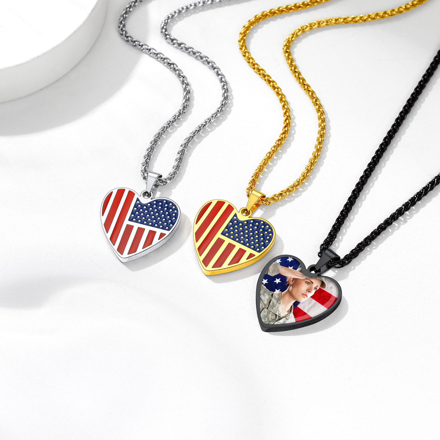 Customized Heart American Flag Necklace with Picture in different colors
