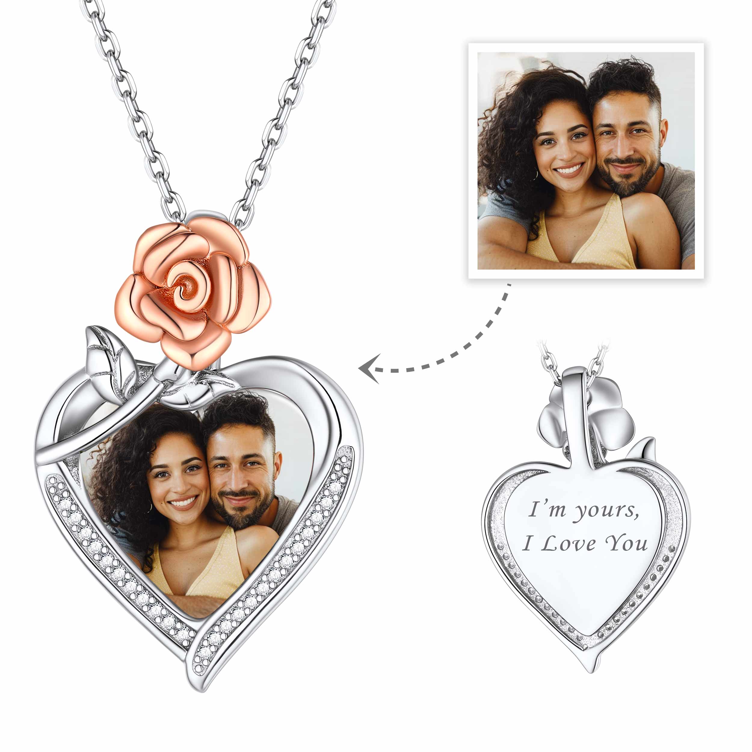 Customized Rose Heart Engraved Photo Necklace For Women
