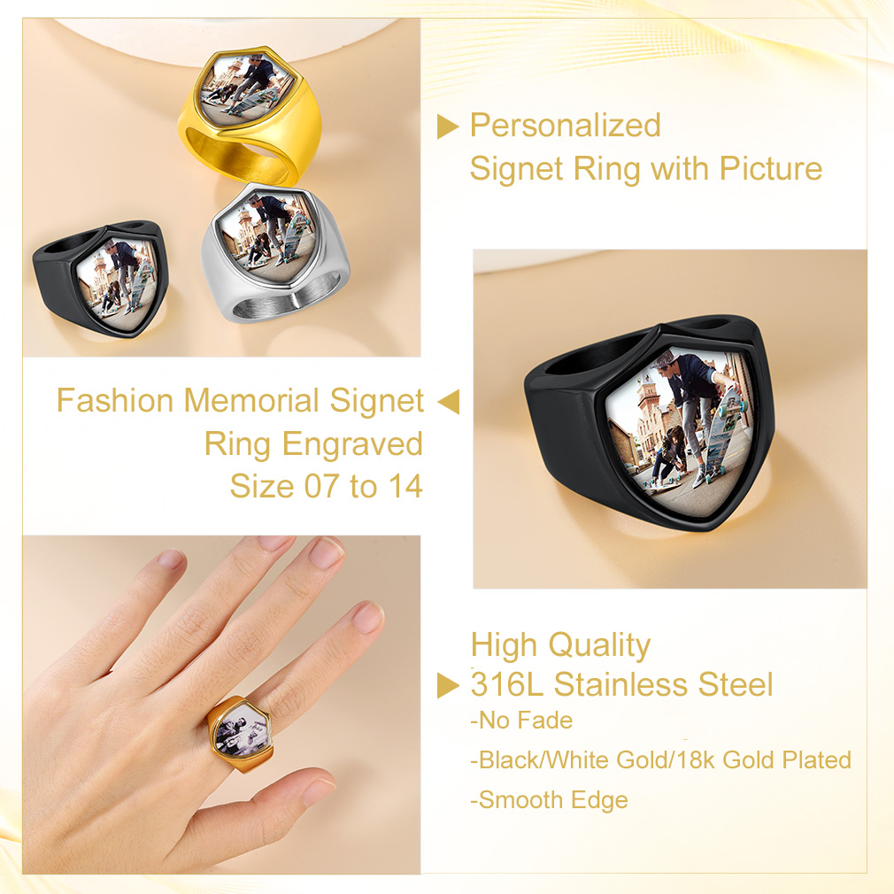 Customized Shield Photo Signet Ring with Name Engraving detail