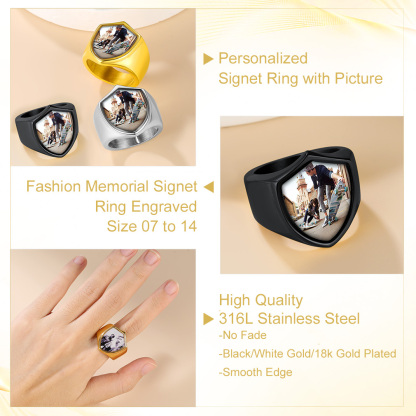 Customized Shield Photo Signet Ring with Name Engraving detail