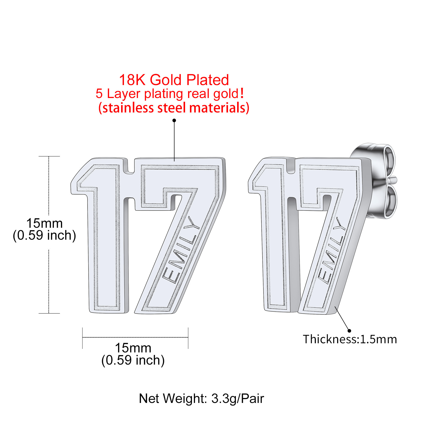 Custom Name Sport Number Stud Earrings for Men size 2