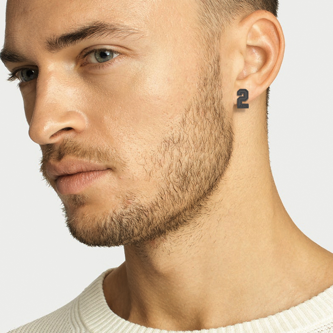 Custom Name Sport Stud Number Earrings for Men model black