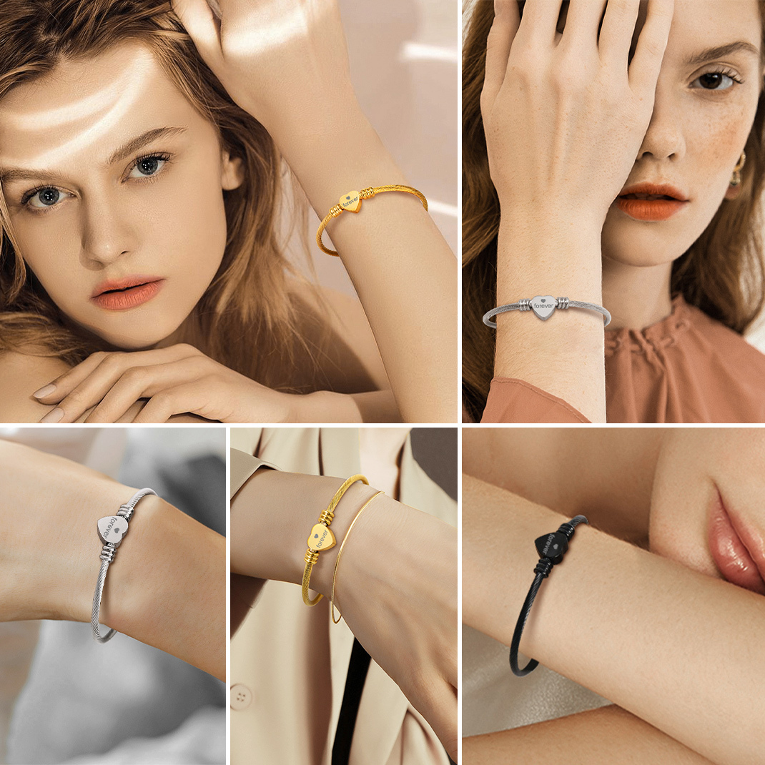 Custom Name Engraved Bangle Cuff Bracelet for Women model show