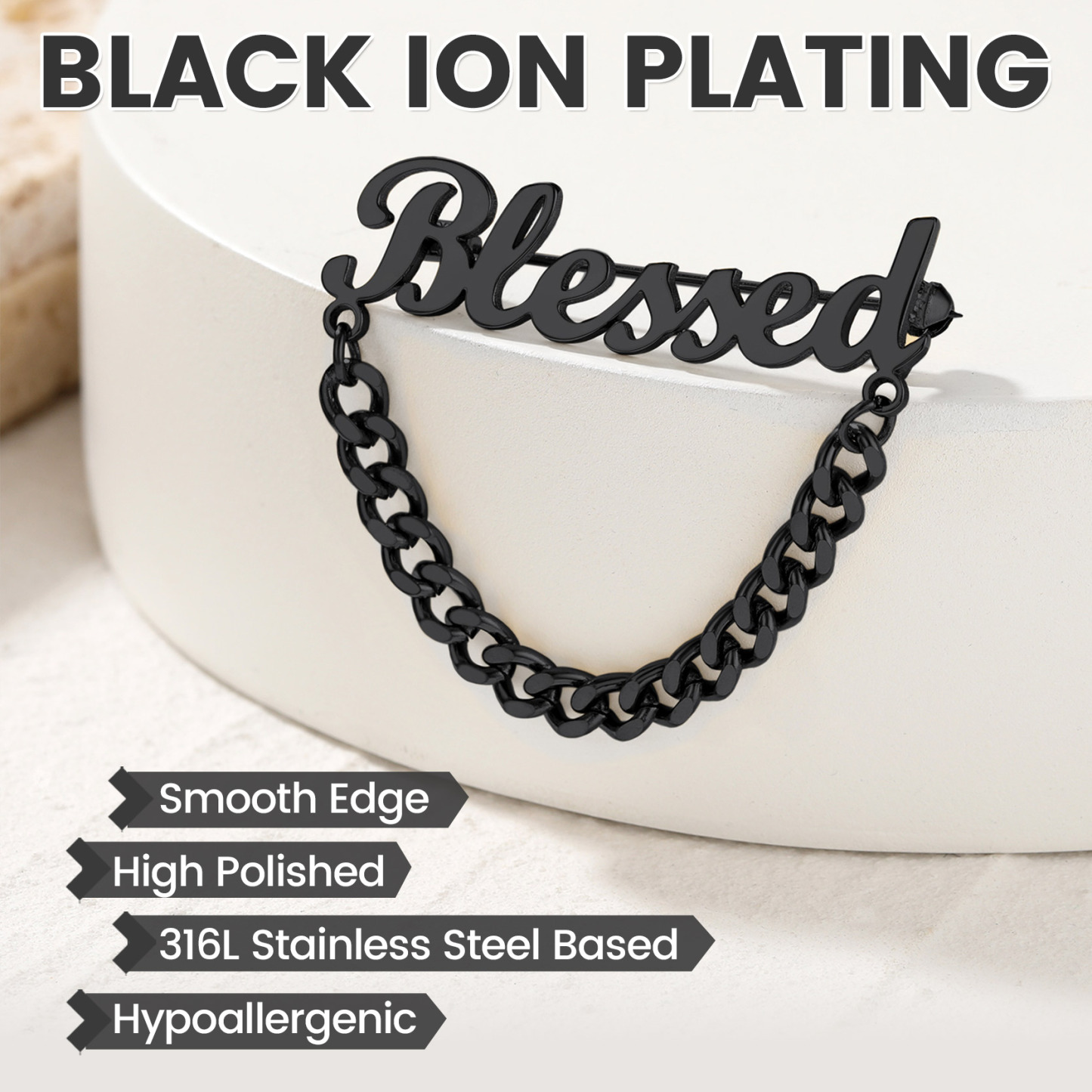 Personalized Engraved Name Pin Brooch for Women Men black ion plated