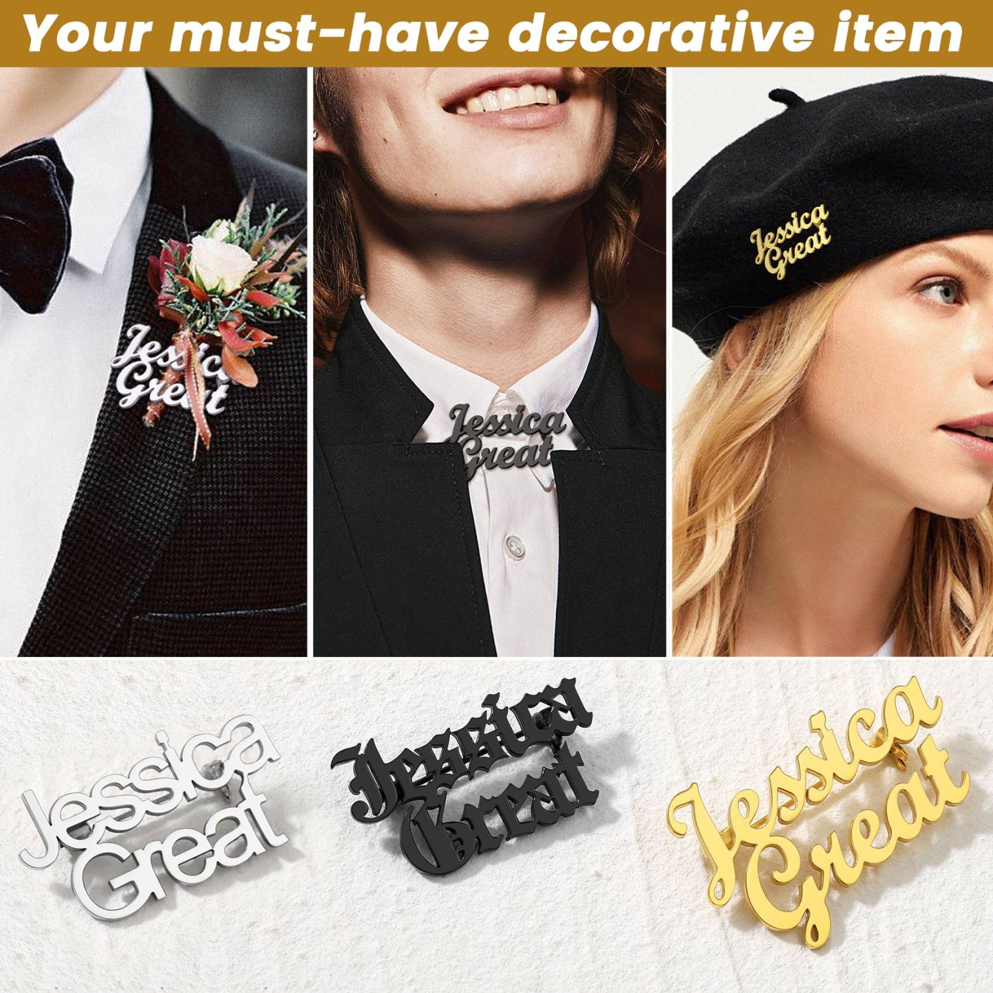 Custom Engraved Name Brooch Pin for Women Men model show