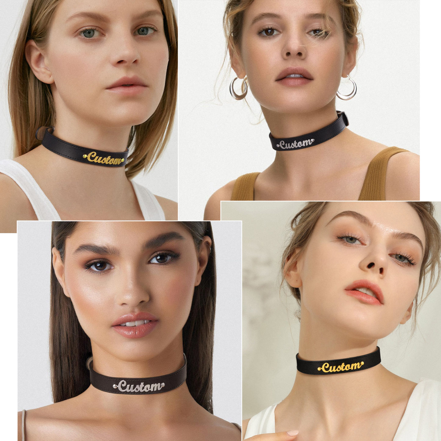 Name Leather Collar Choker Necklaces for Women model show