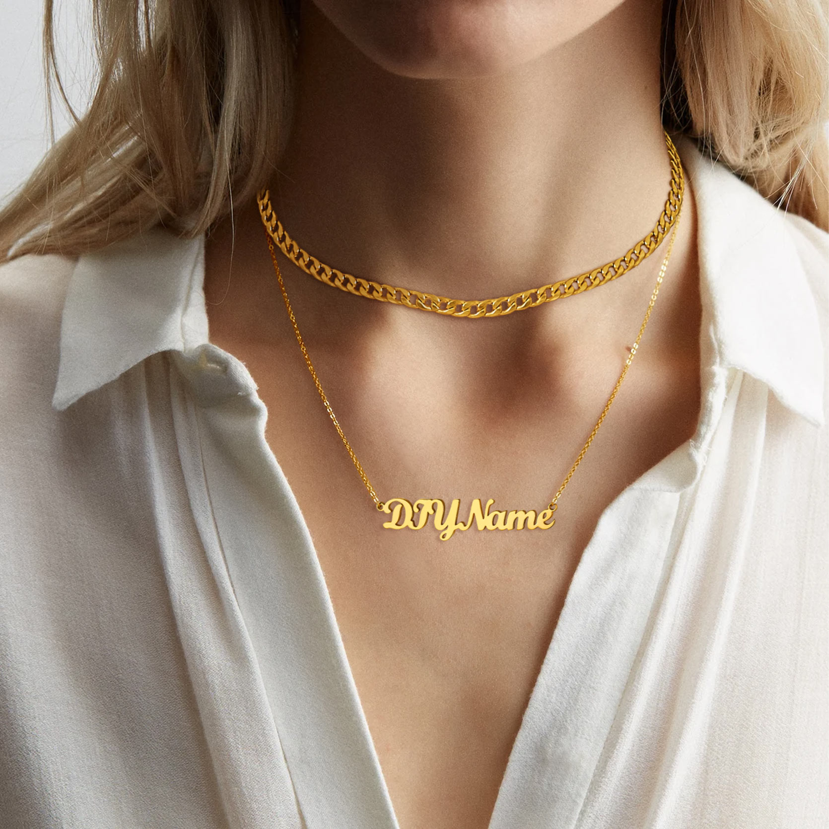 Custom Name Plate Layered Cuban Chain Necklace for Women gold