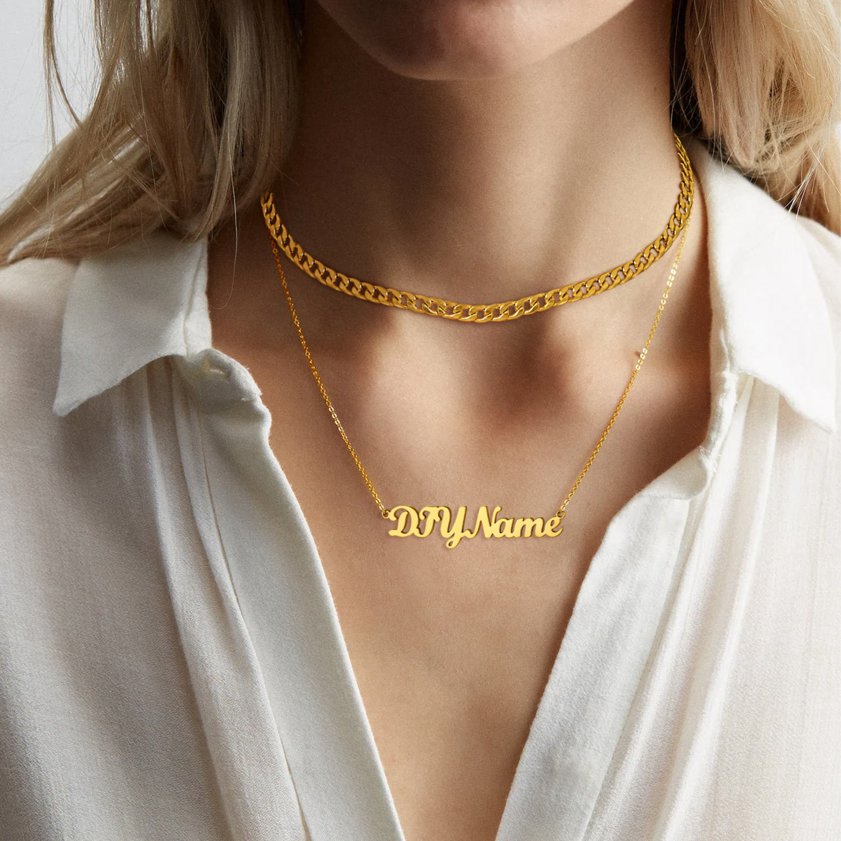 Custom Name Plate Layered Cuban Chain Necklace for Women gold