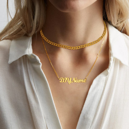 Custom Name Plate Layered Cuban Chain Necklace for Women gold