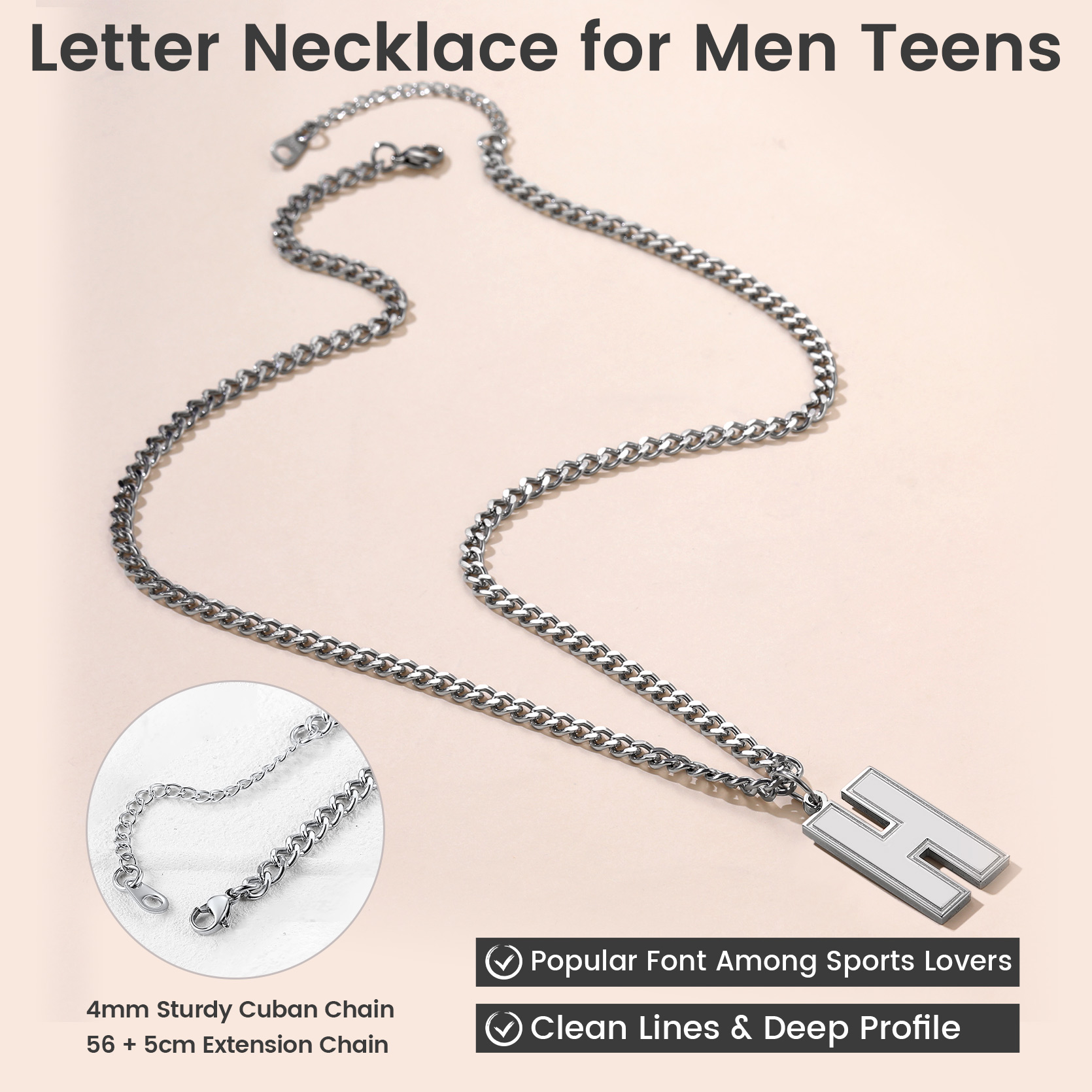 Initial Stainless Steel Sports Letter Necklace With Cuban Link Chain
