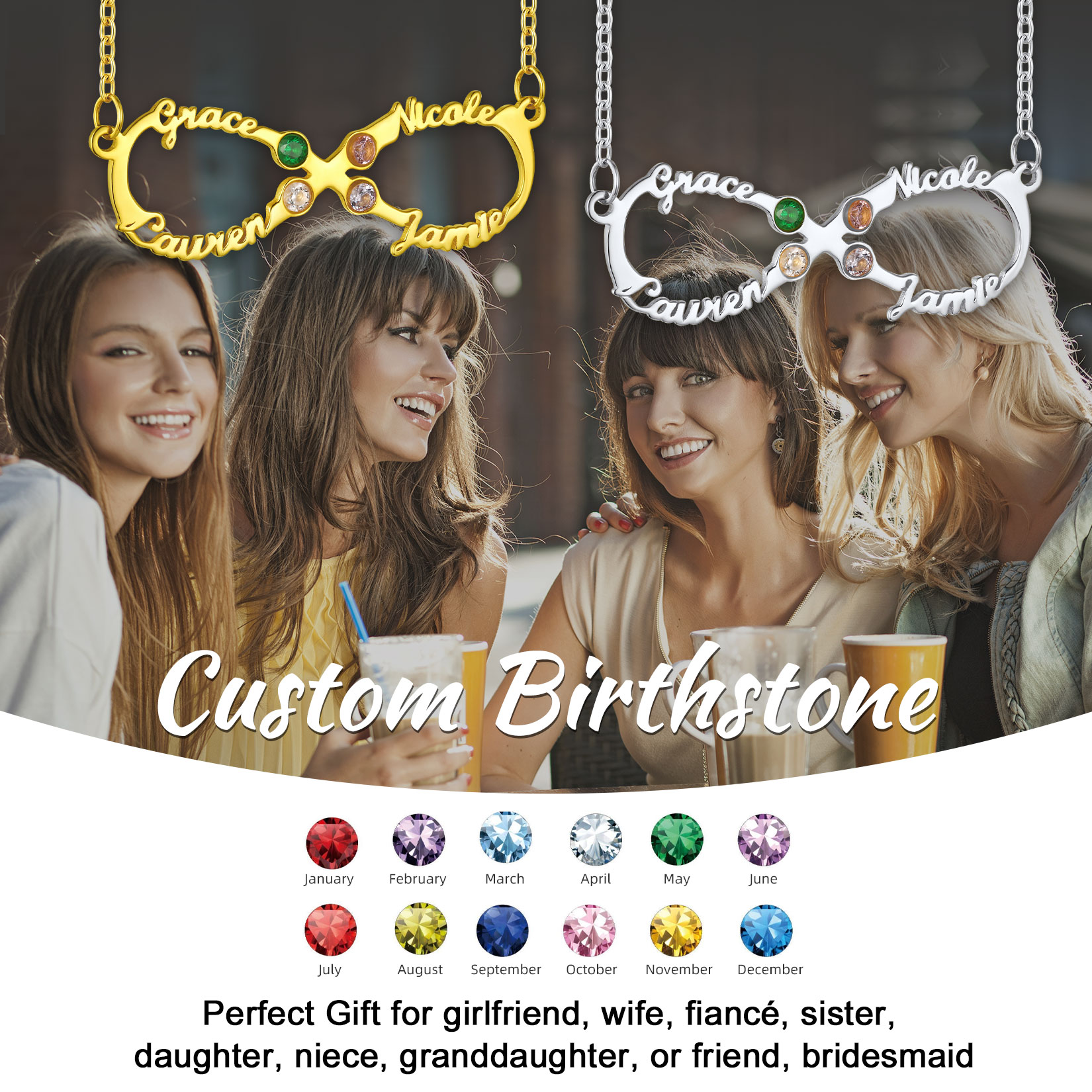 Birthstone Infinity 4 Names Necklace for Women 