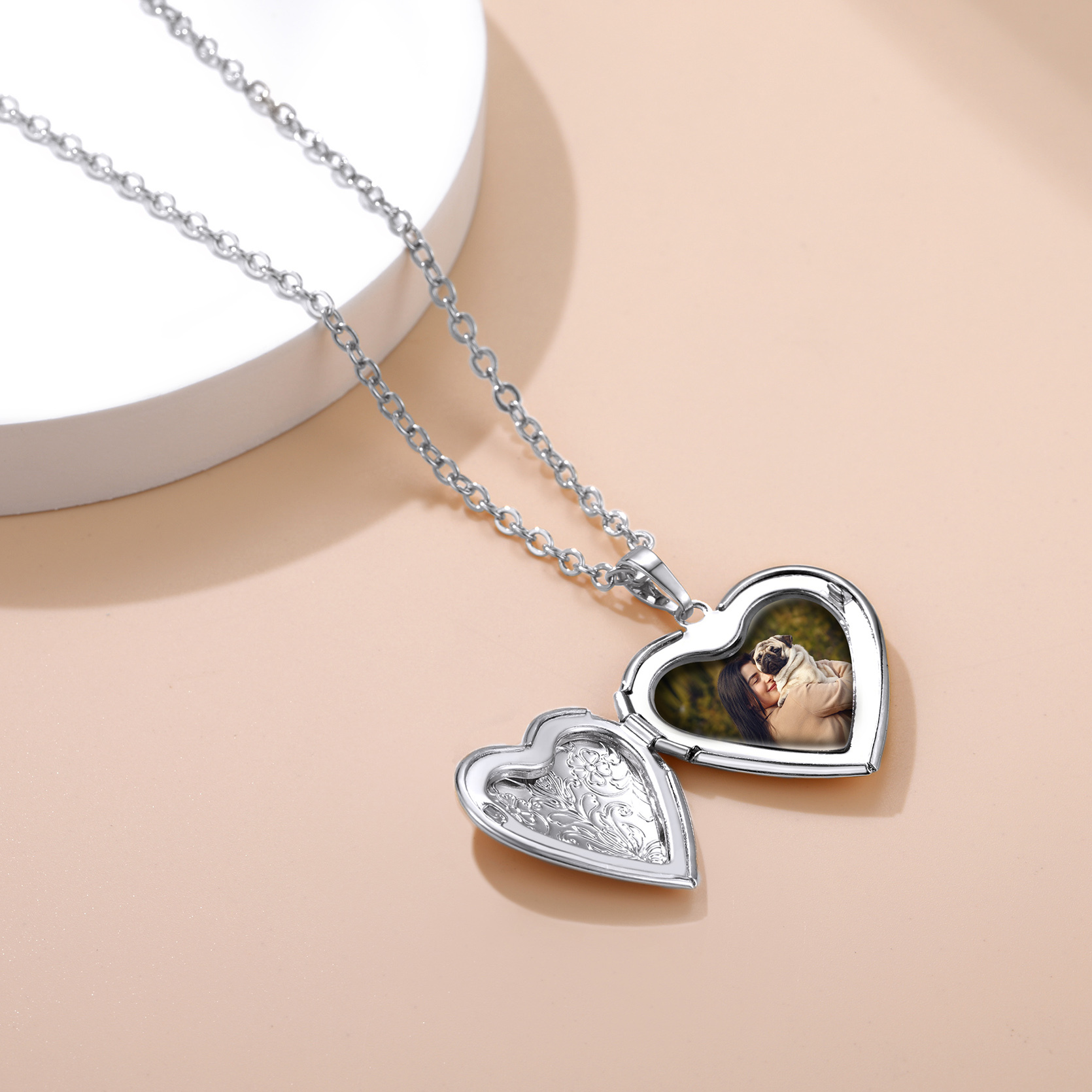 Customizable Heart Locket Necklace Silver