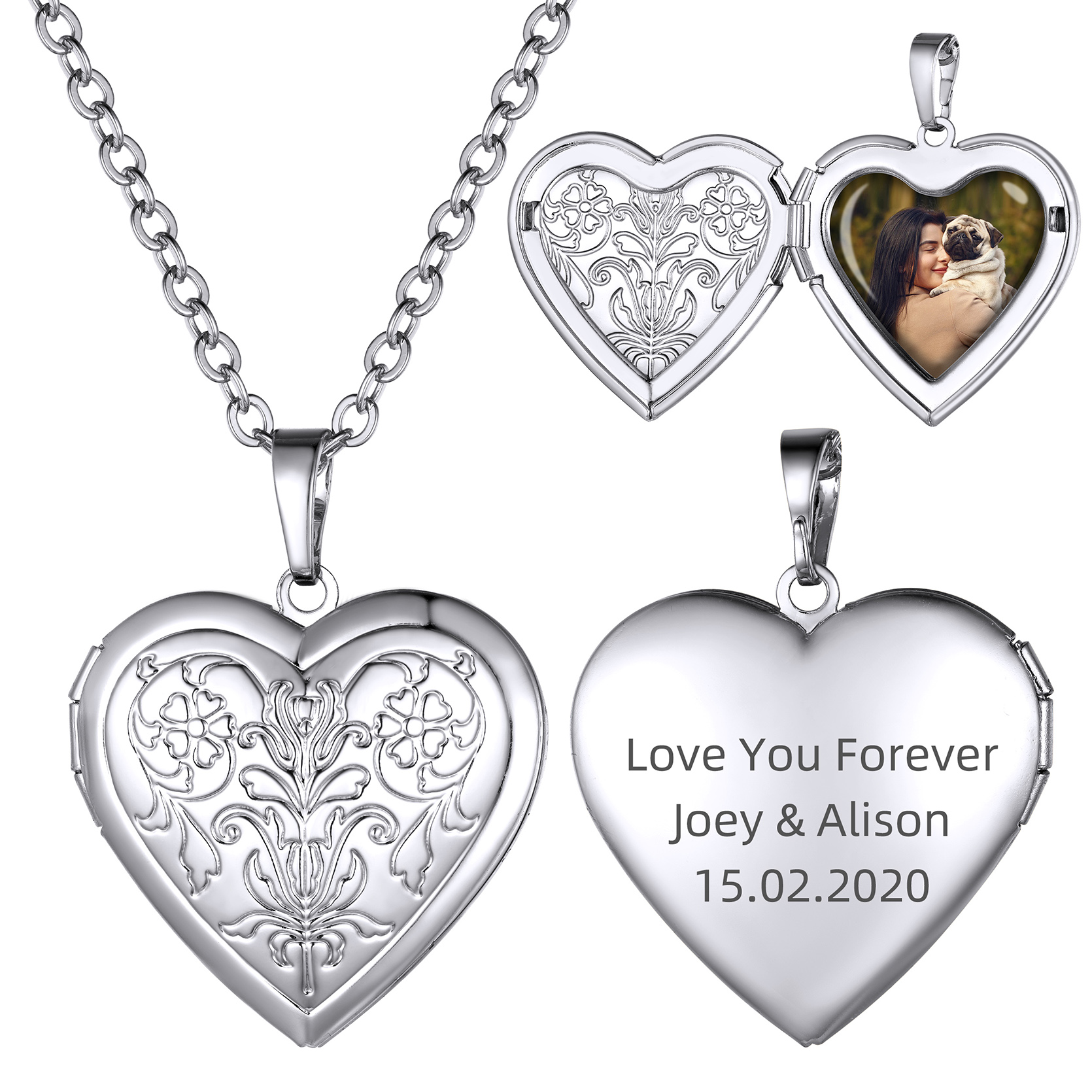 Customizable Heart Locket Necklace with Photo Silver 