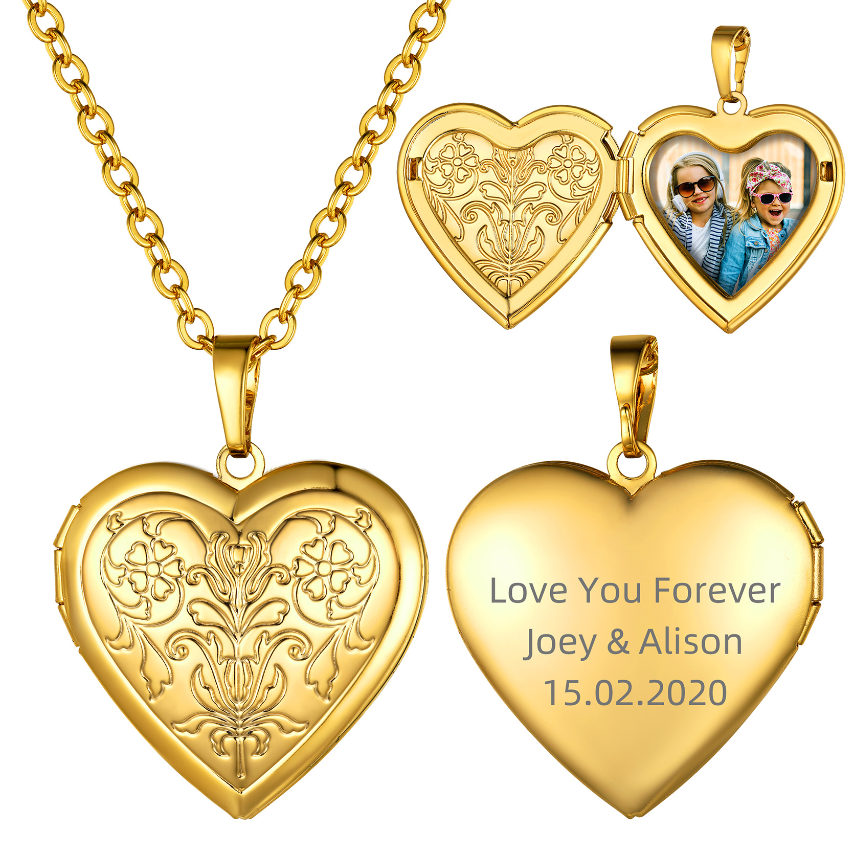 Customizable Heart Locket Necklace with Photo Gold 