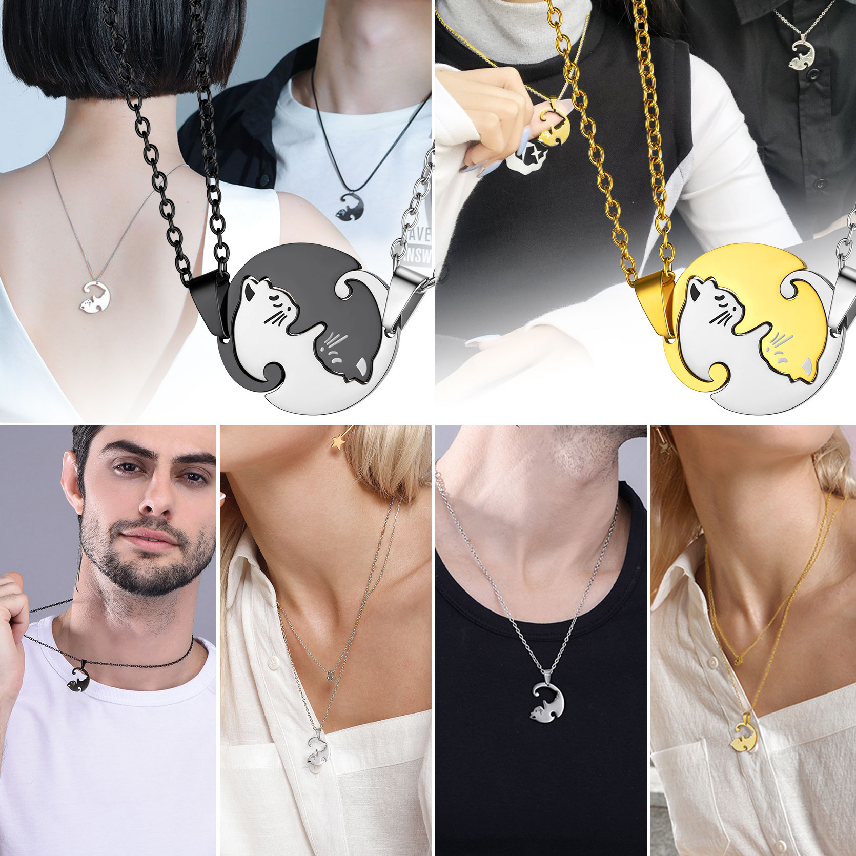 Personalized Couple's Name Engraved Cat Matching Necklace model collection