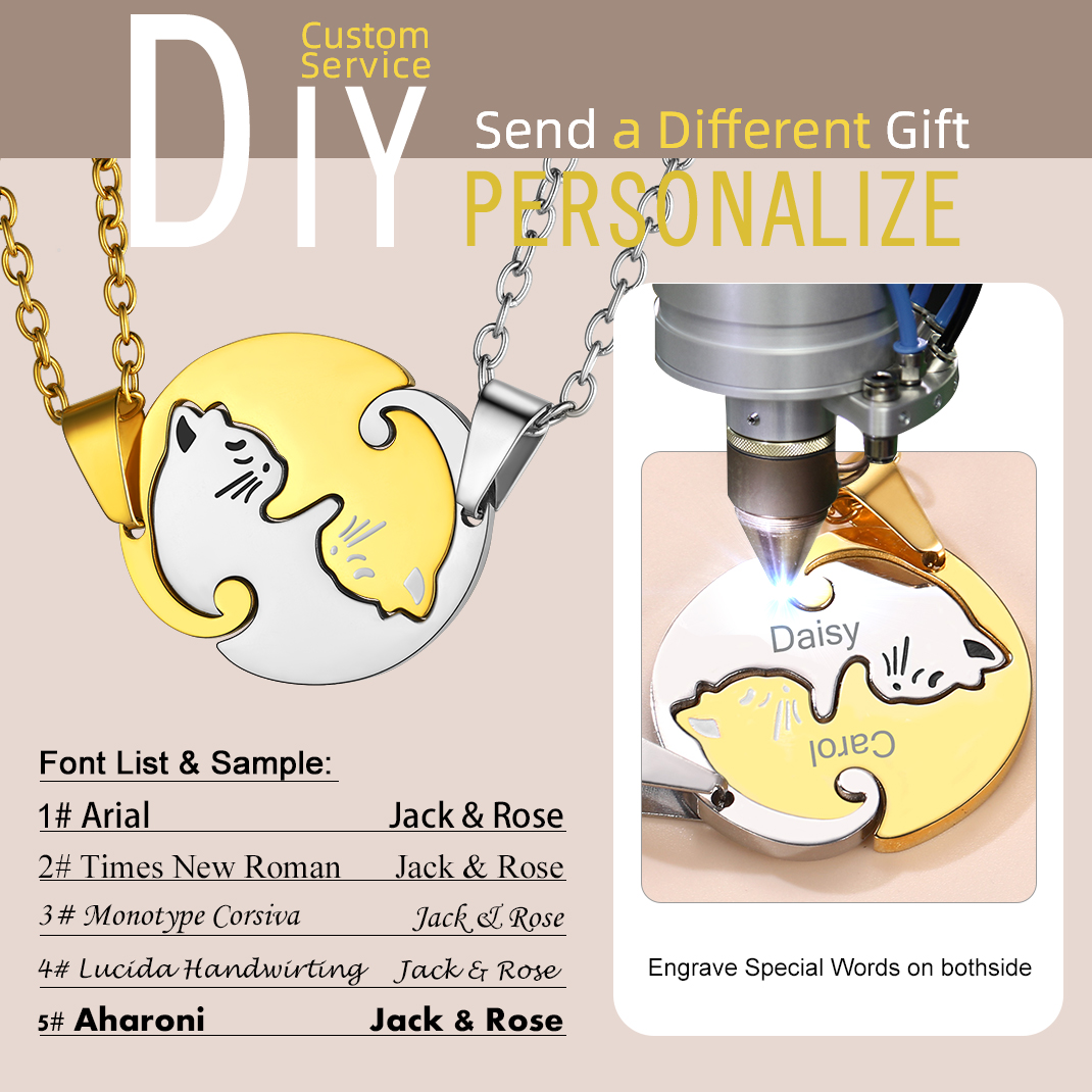 Personalized Couple's Name Engraved Cat Matching Necklace diy 