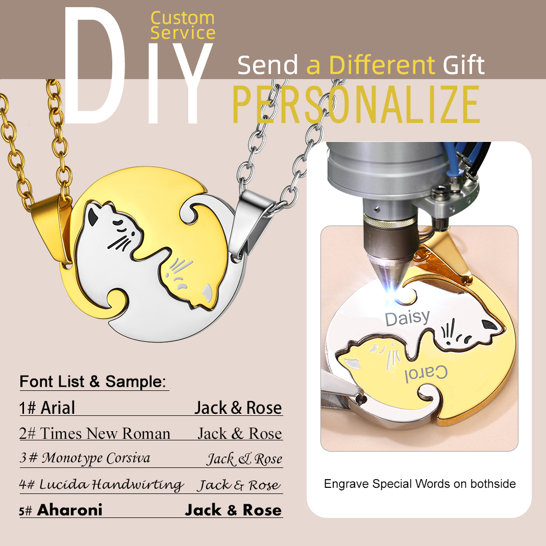 Personalized Couple's Name Engraved Cat Matching Necklace diy 