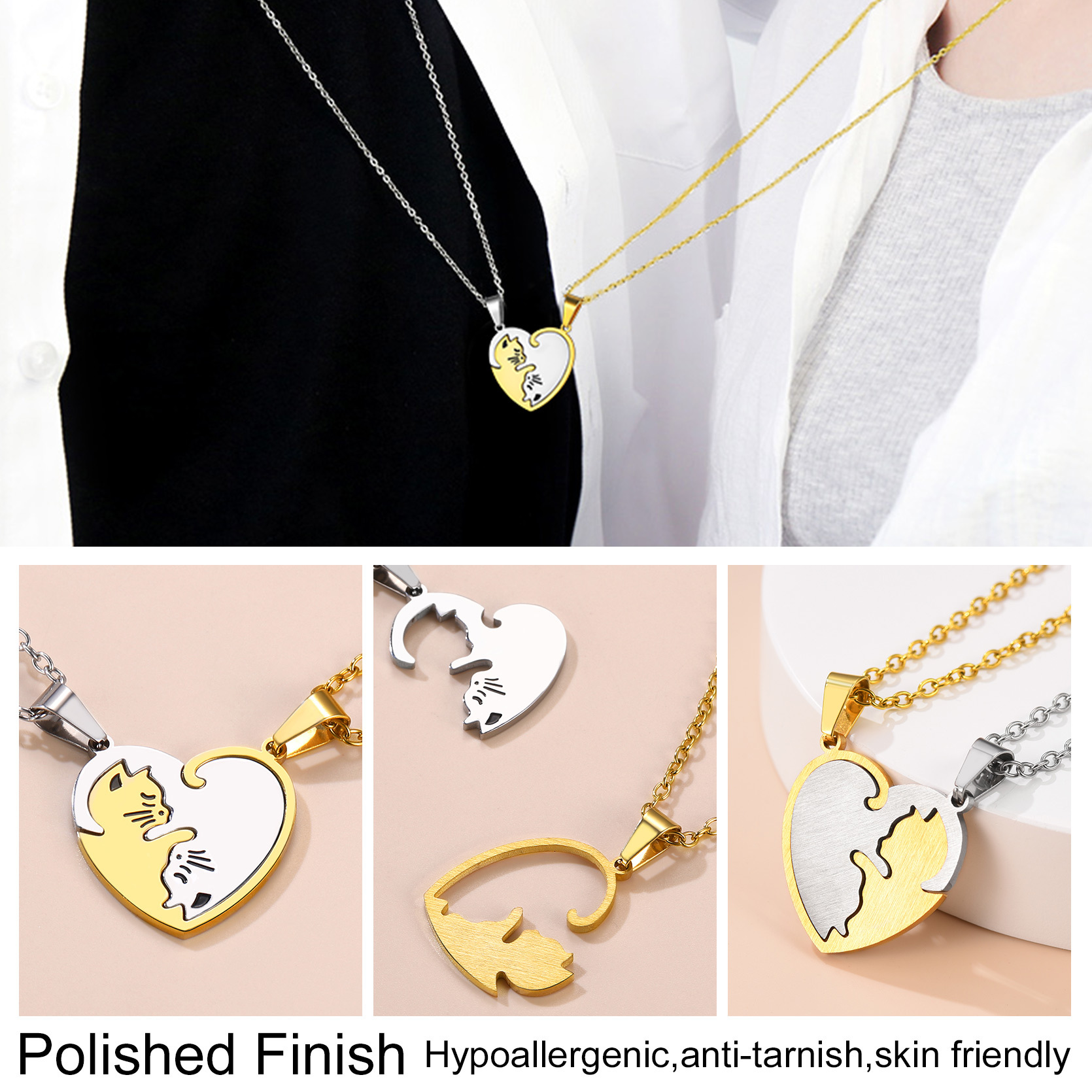 Name Engraved Puzzle Heart Cat Shape Necklace for Couple hypoallergenic